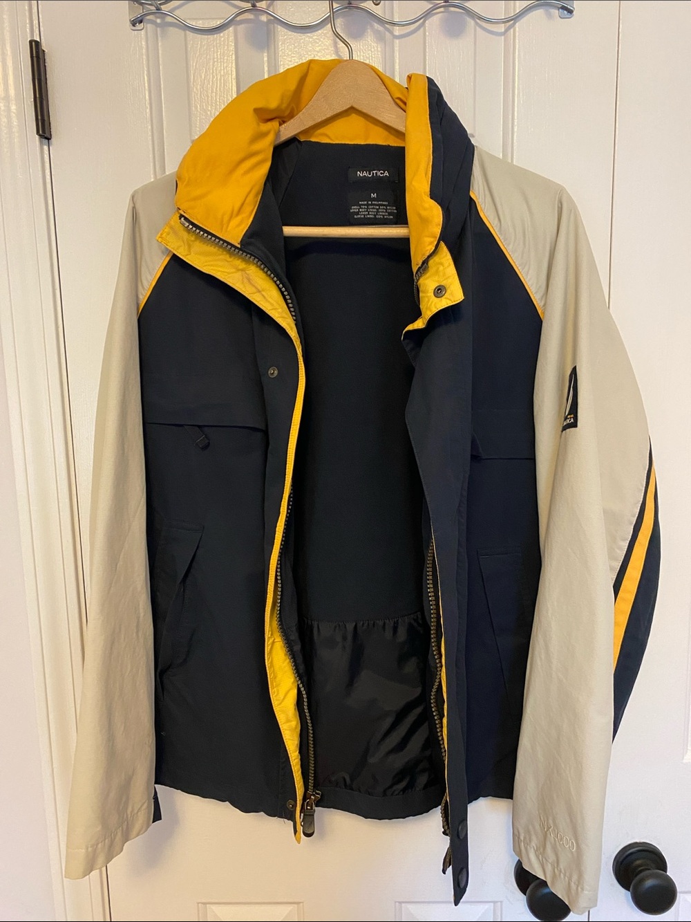 Nautica Men’s Navy, Yellow & Light Gray Colorblock Raincoat